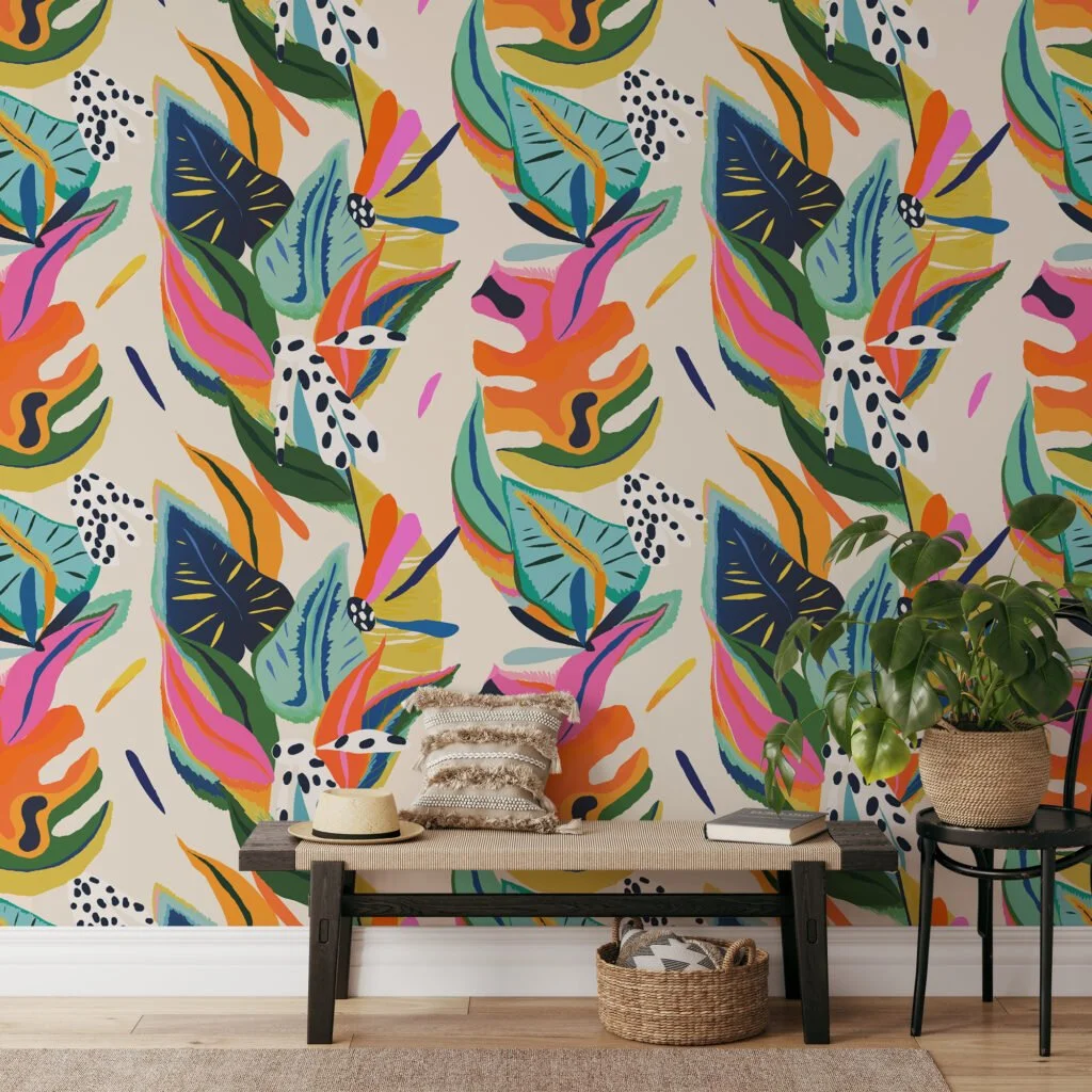 Abstract Colorful Leaves Wallpaper, Vibrant Tropical Contemporary Peel & Stick Wall Mural