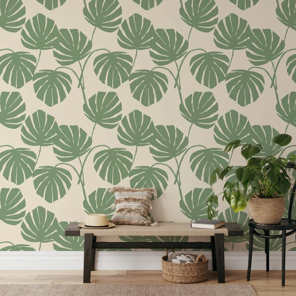 Abstract Green Monstera Leaves Illustration Wallpaper, Timeless Green Leaf Peel & Stick Wall Mural