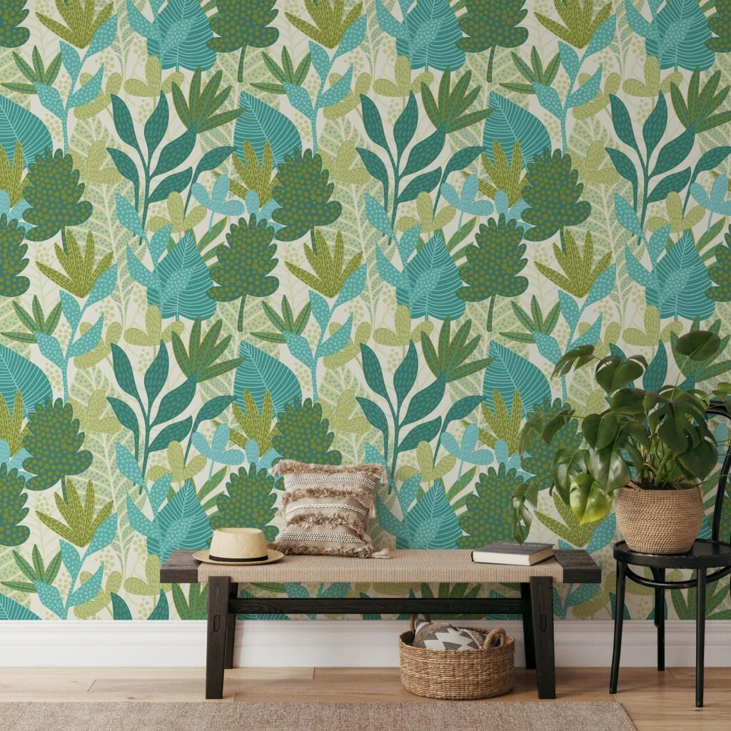 Tropical Abstract Green Leaves Illustration Wallpaper, Botanical Nature Peel & Stick Wall Mural