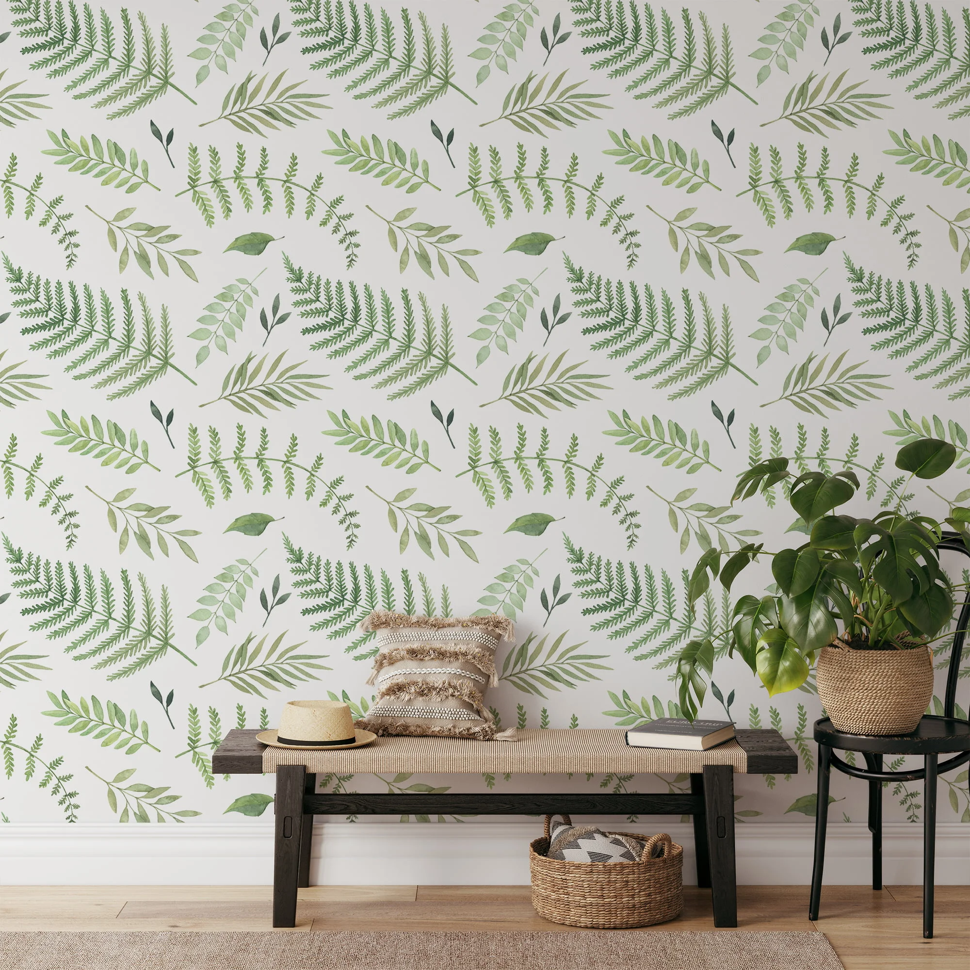 Watercolor Green Leaves And Branches Pattern Wallpaper, Refreshing Botanical Peel & Stick Wall Mural