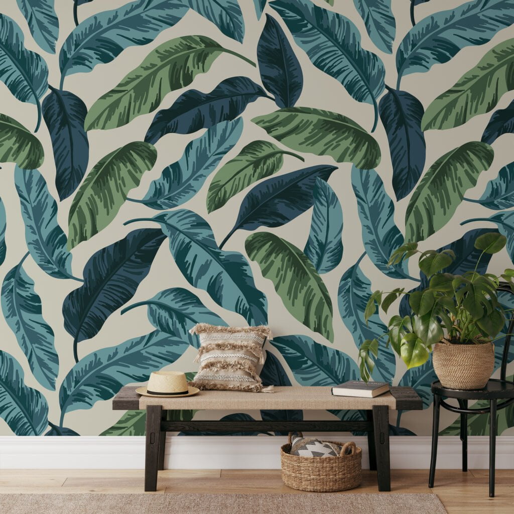 Large Green And Blue Leaves Wallpaper, Nature-Inspired Peel & Stick Wall Mural