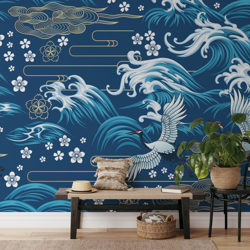 Traditional Blue Wallpaper With Large Cranes And Waves Illustration, Elegant Crane & Wave Peel & Stick Wall Mural