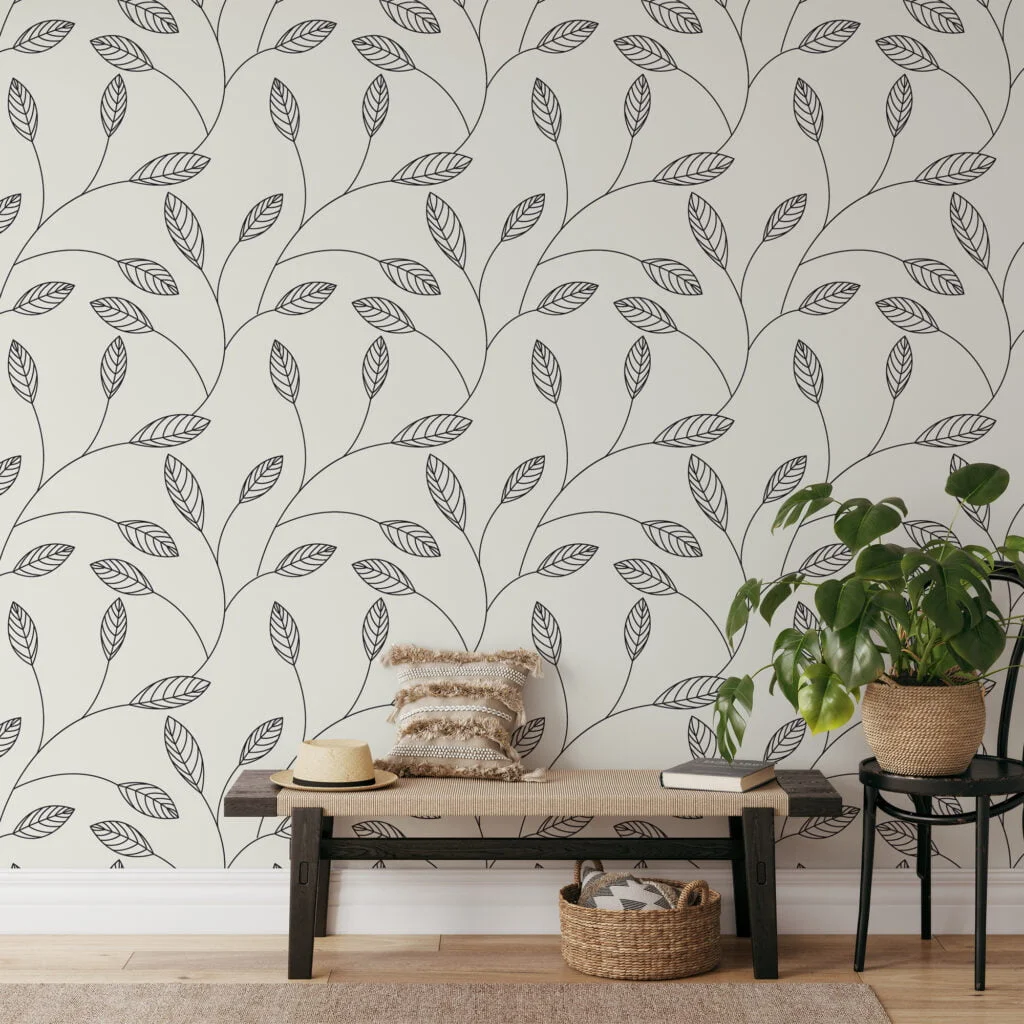 Simple Abstract Leaves Line Art Wallpaper, Minimalist Leaf Art Peel & Stick Wall Mural