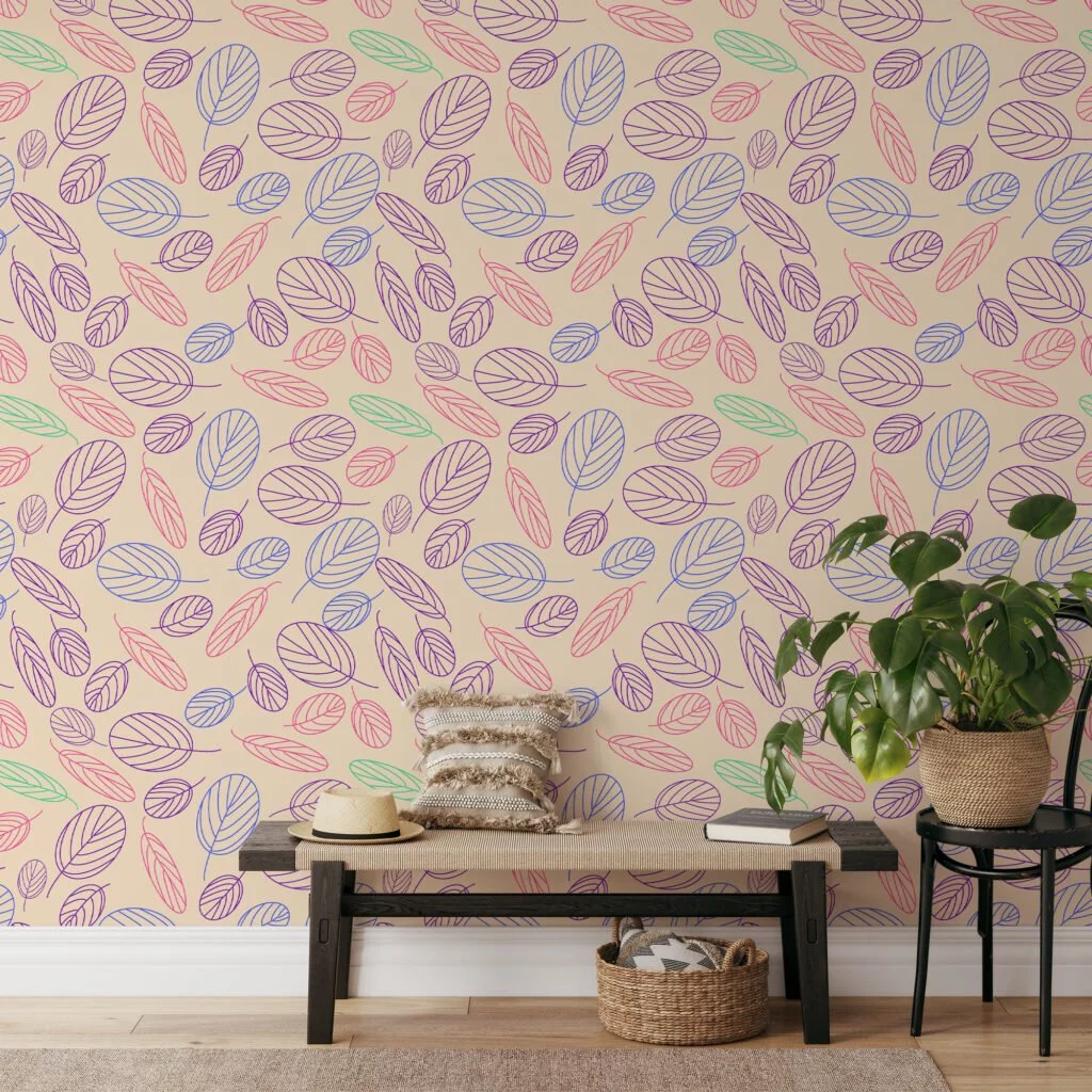 Colorful Abstract Line Art Leaves Wallpaper, Pastel Leaf Harmony Peel & Stick Wall Mural