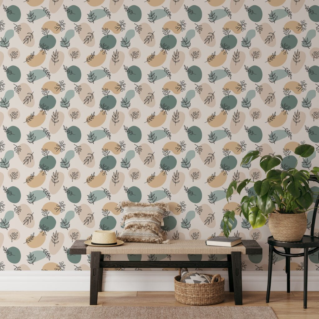 Abstract Boho Floral Line Art Illustration Wallpaper, Muted Green and Yellow Peel & Stick Wall Mural