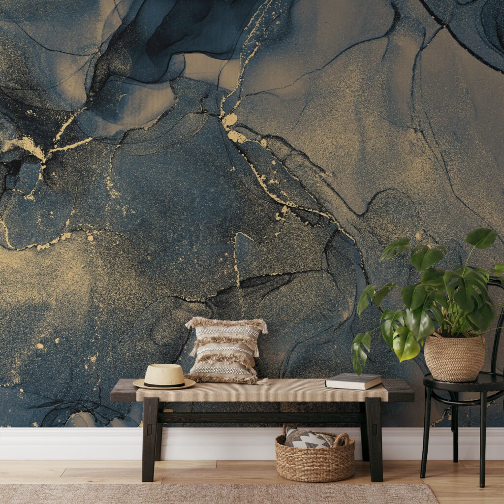Dark Steel Blue And Yellow Alcohol Ink Art Marble Wallpaper, Midnight Marvel Marble Peel & Stick Wall Mural