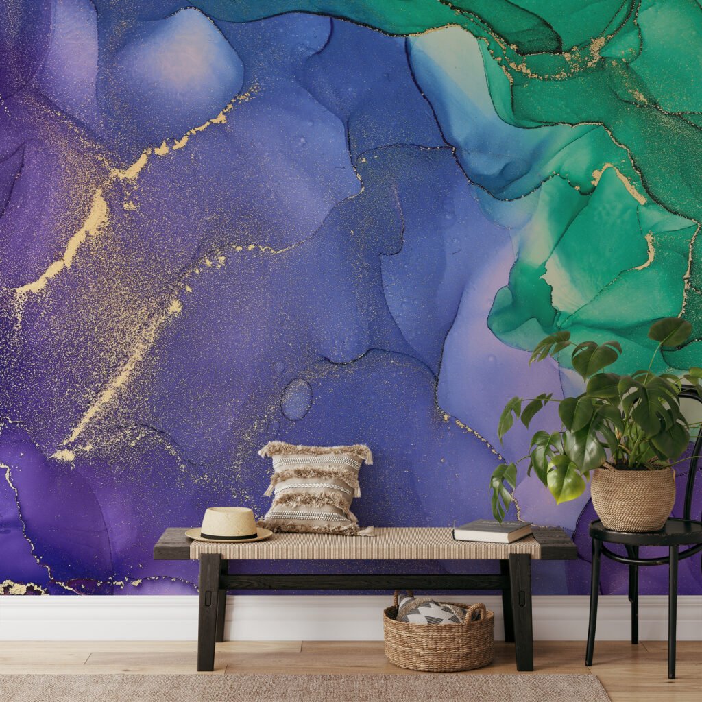Green And Dark Purple Gold Alcohol Ink Art Marble Wallpaper, Mystic Blue & Emerald Marble Peel & Stick Wall Mural