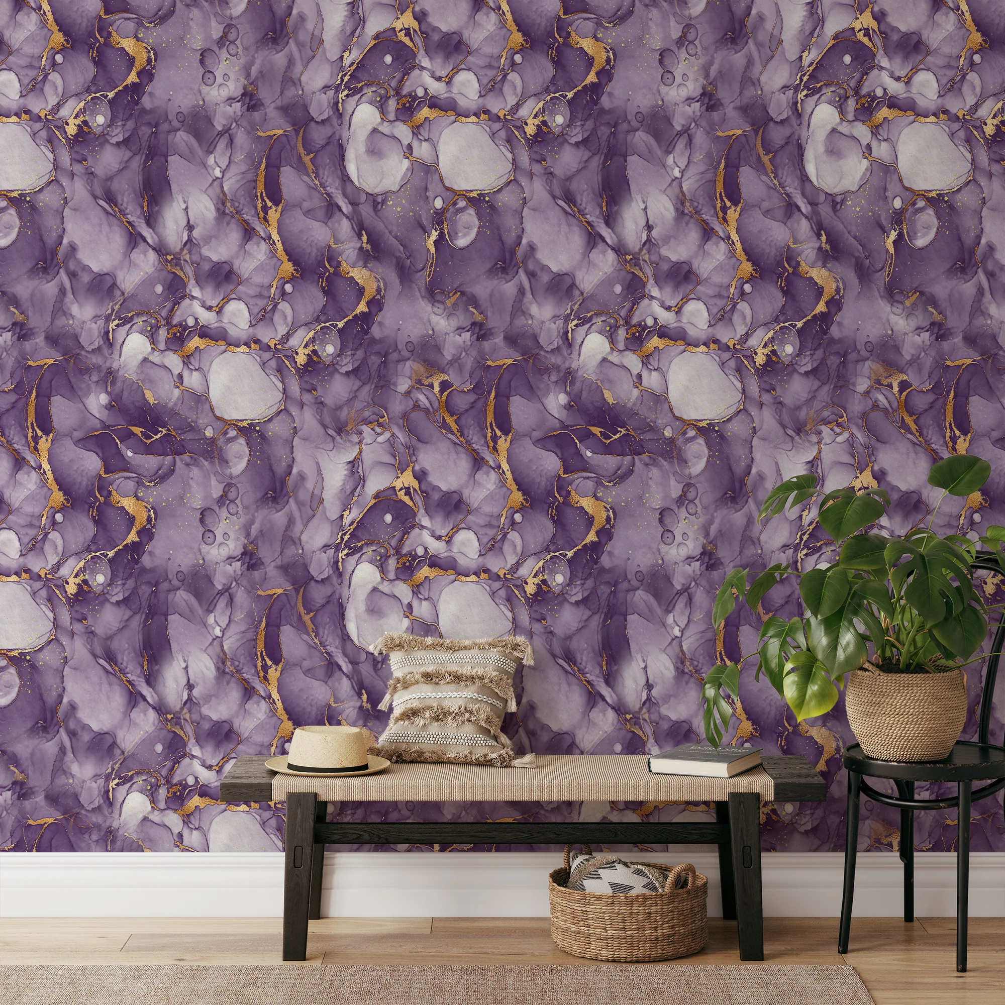 Purple And Gold Alcohol Ink Art Marble Wallpaper, Ethereal Purple Marble Peel & Stick Wall Mural