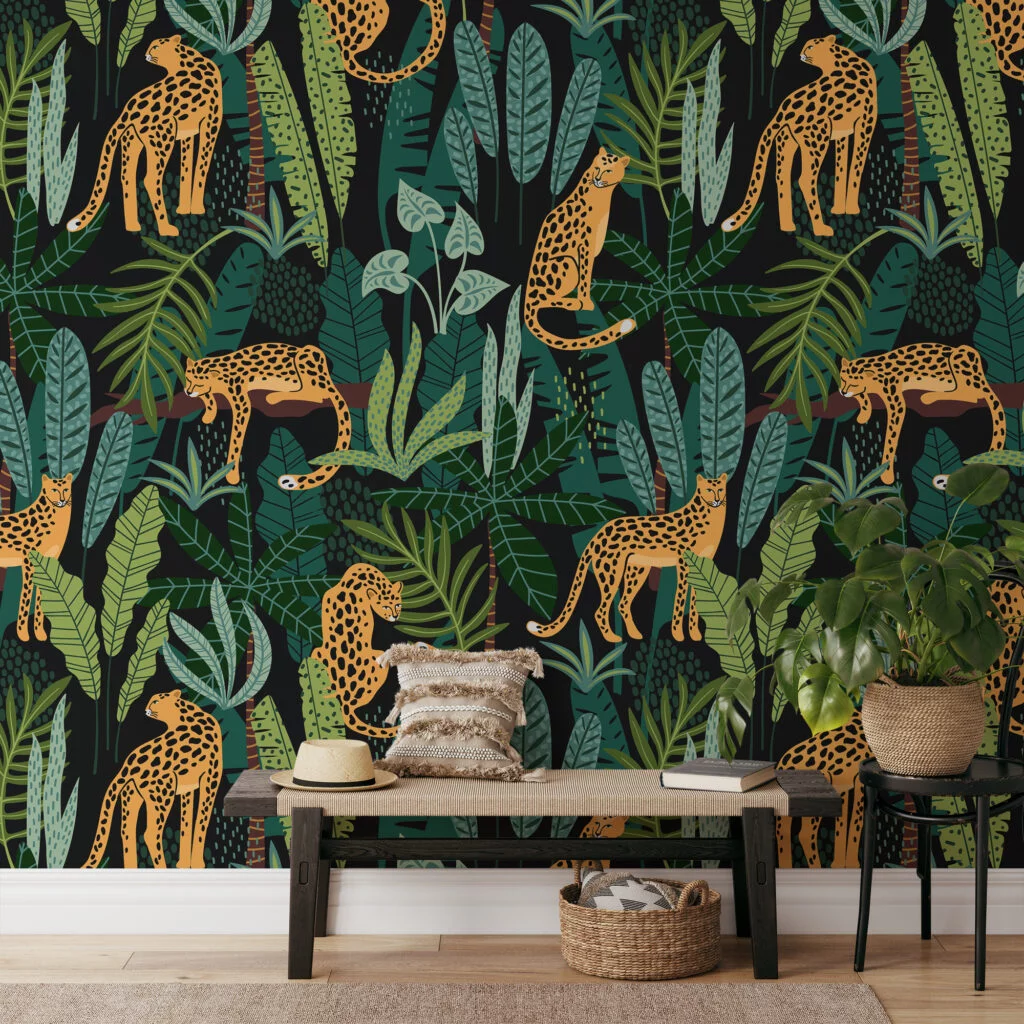 Green Tropical Flat Art Jungle With Leopards Illustrations Wallpaper, Exotic Jungle Inspired Peel & Stick Wall Mural