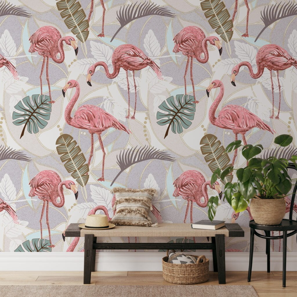 Leaves With Flamingos Illustration Wallpaper, Elegant Pink Flamingo & Palm Leaves Peel & Stick Wall Mural