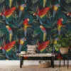 Flat Art Parrots In A Dark Jungle Illustration Wallpaper, Vibrant Parrot Haven Peel & Stick Wall Mural