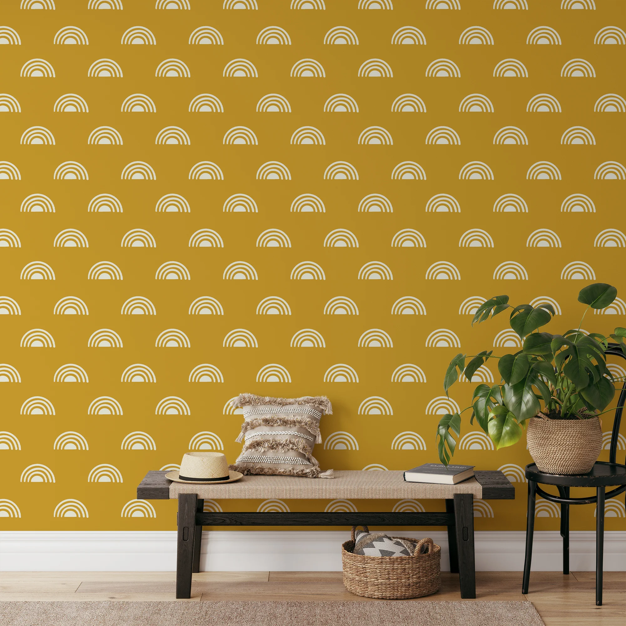 Yellow Boho Pattern Illustration Wallpaper, Chic Sunny Arches Peel & Stick Wall Mural