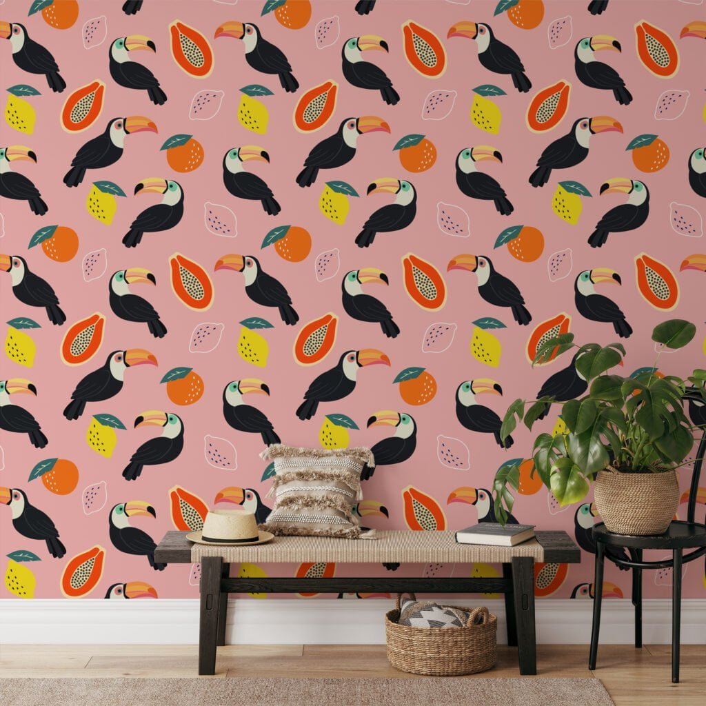 Flat Art Fruits And Toucans With A Pink Background Illustration Wallpaper, Vibrant Pink Kids' Decor Peel & Stick Wall Mural