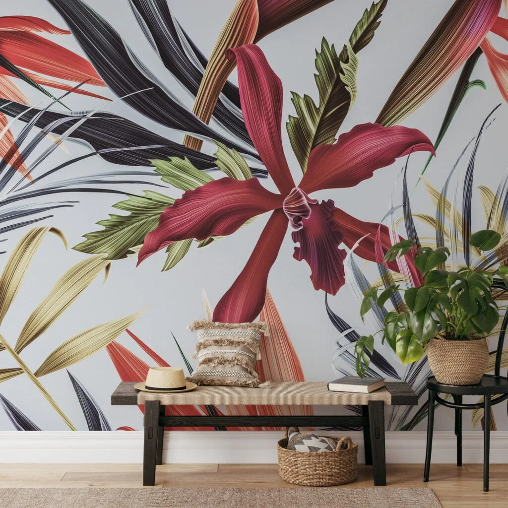 Large Pantone Tropical Flowers Wallpaper, Modern Tropical Abstract Peel & Stick Wall Mural