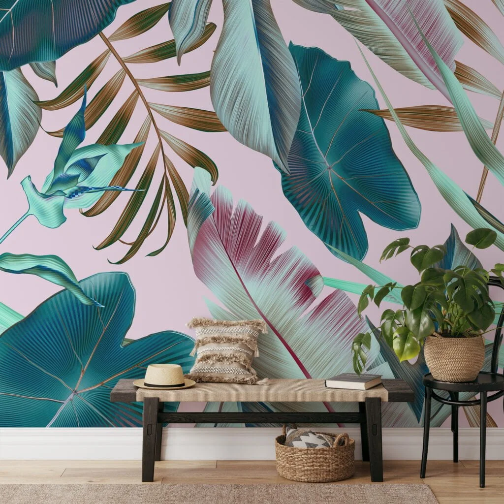 Large Tropical Leaves With A Pastel Pink Background Wallpaper, Tropical Escape Leaves Peel & Stick Wall Mural