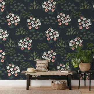 Flat Art Flower Bouquets With A Dark Background Illustration Wallpaper, Midnight Meadow Florals Peel & Stick Wall Mural