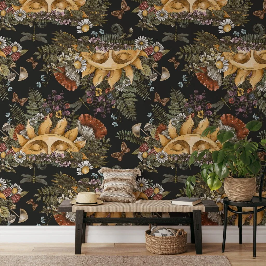 Floral Mystical Sun With Face On A Dark Background, Woodland Creatures & Florals Peel & Stick Wall Mural