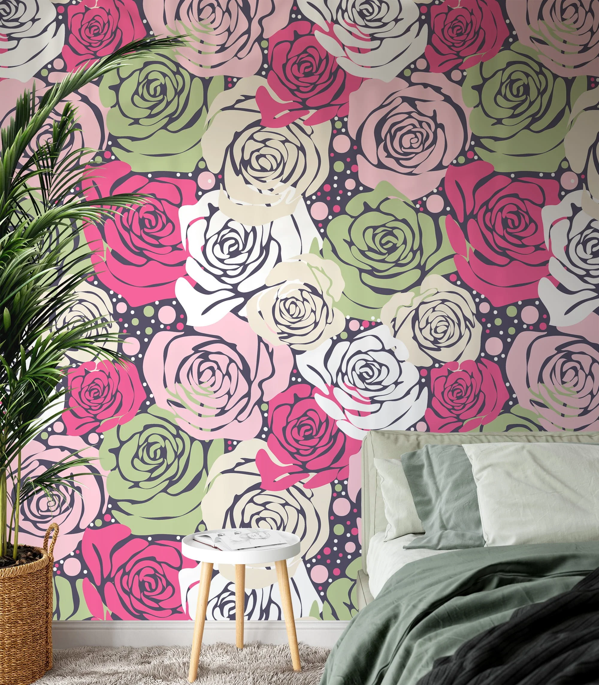 Abstract Roses Pattern Wallpaper, Playful and Retro-Inspired Peel & Stick Wall Mural