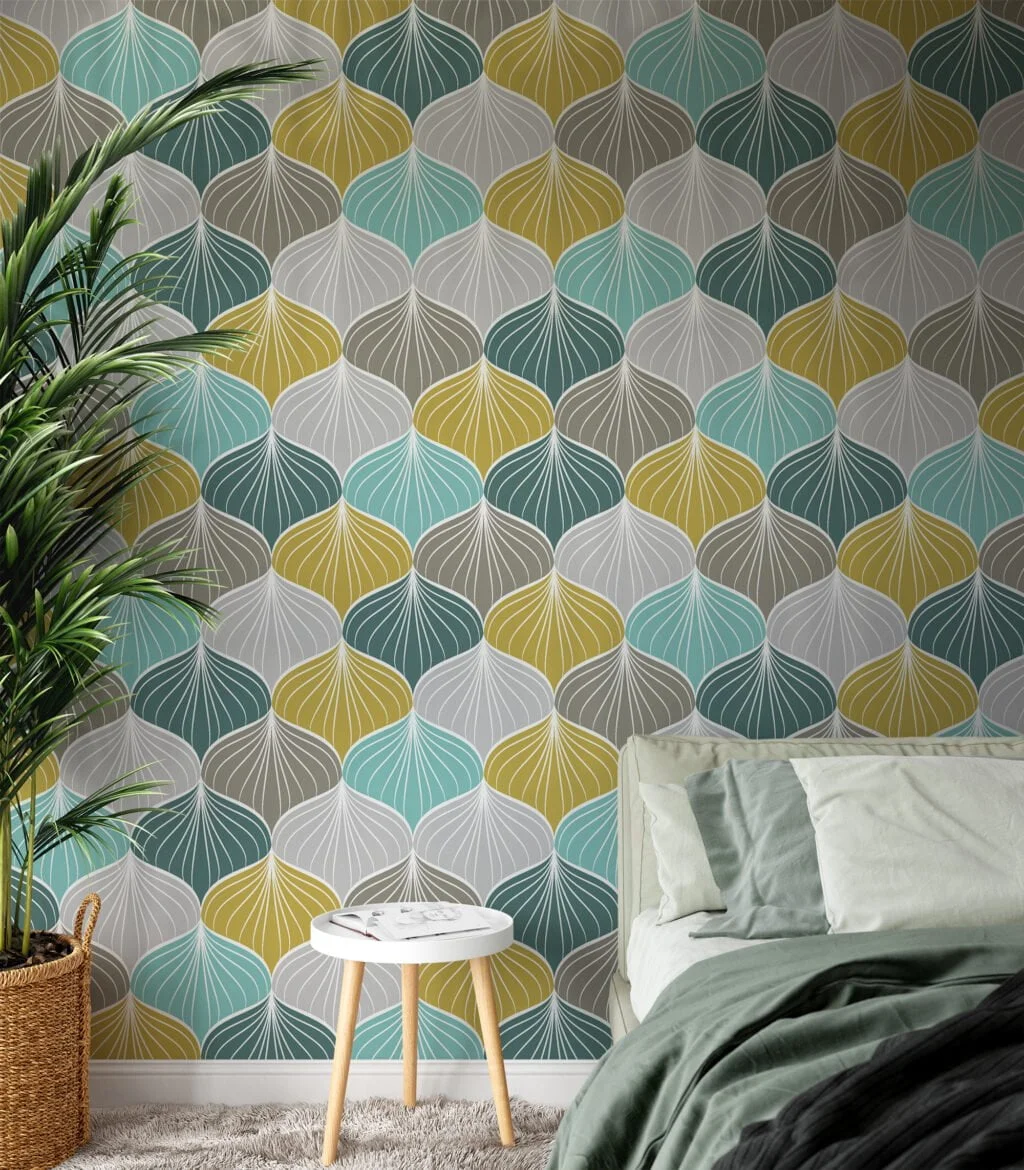 Colorful Abstract Shell Pattern Wallpaper, Modern Geometric Scallop Peel & Stick Wall Mural