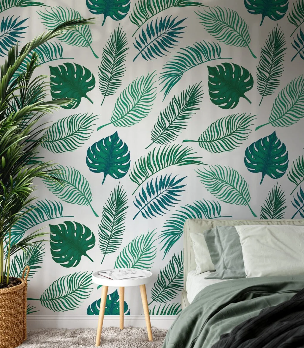 Tropical Leaves Illustration With A White Background Wallpaper, Assorted Greenery Peel & Stick Wall Mural