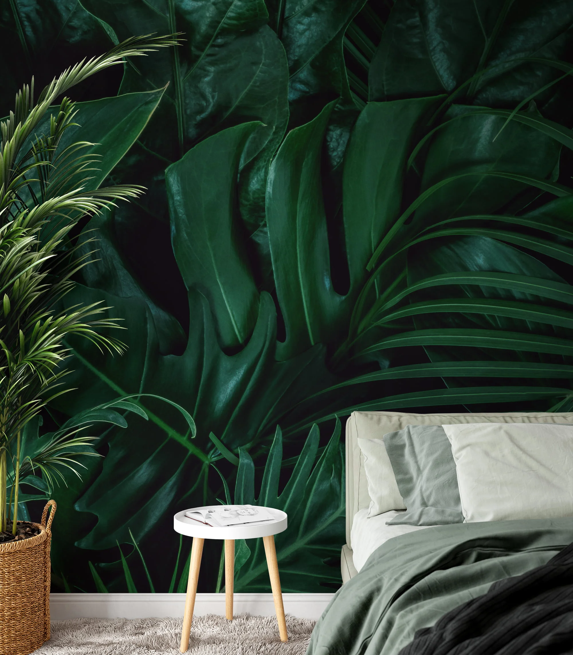 Large Dark Green Tropical Leaves Wallpaper, Lush Botanical Peel & Stick Wall Mural