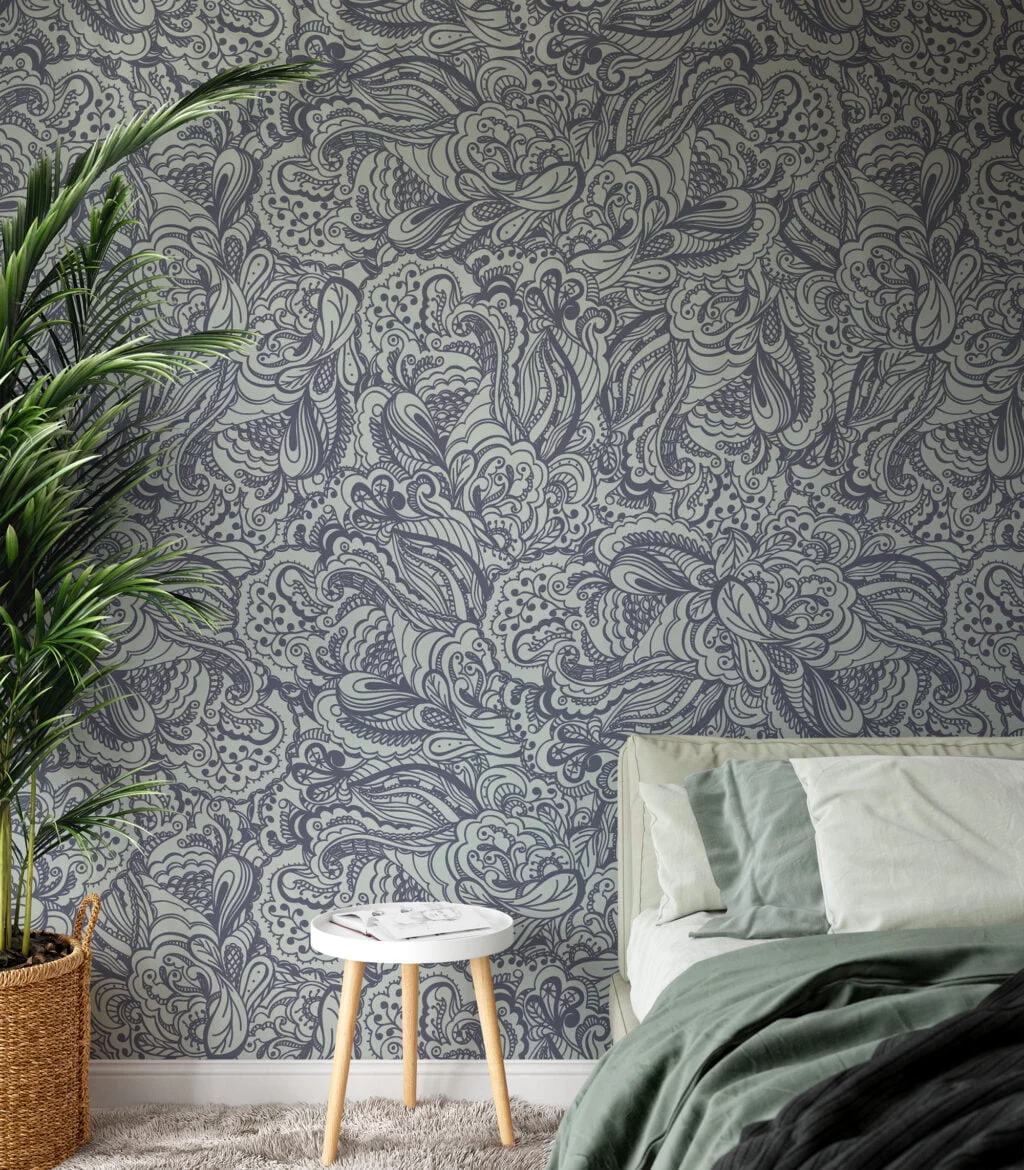 Damask Pattern Line Art Wallpaper, Vintage Inspired Paisley Peel & Stick Wall Mural