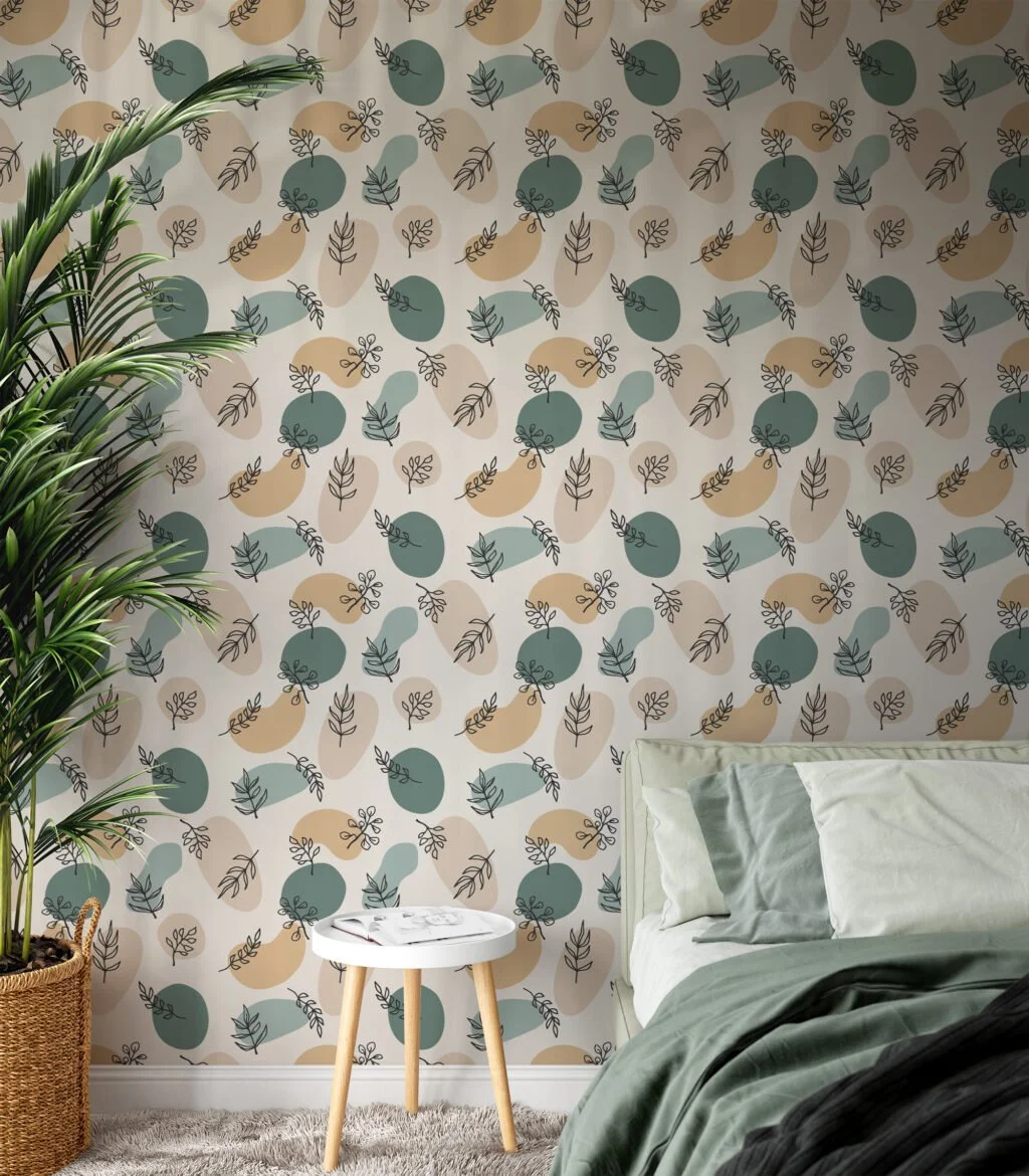 Abstract Boho Floral Line Art Illustration Wallpaper, Muted Green and Yellow Peel & Stick Wall Mural