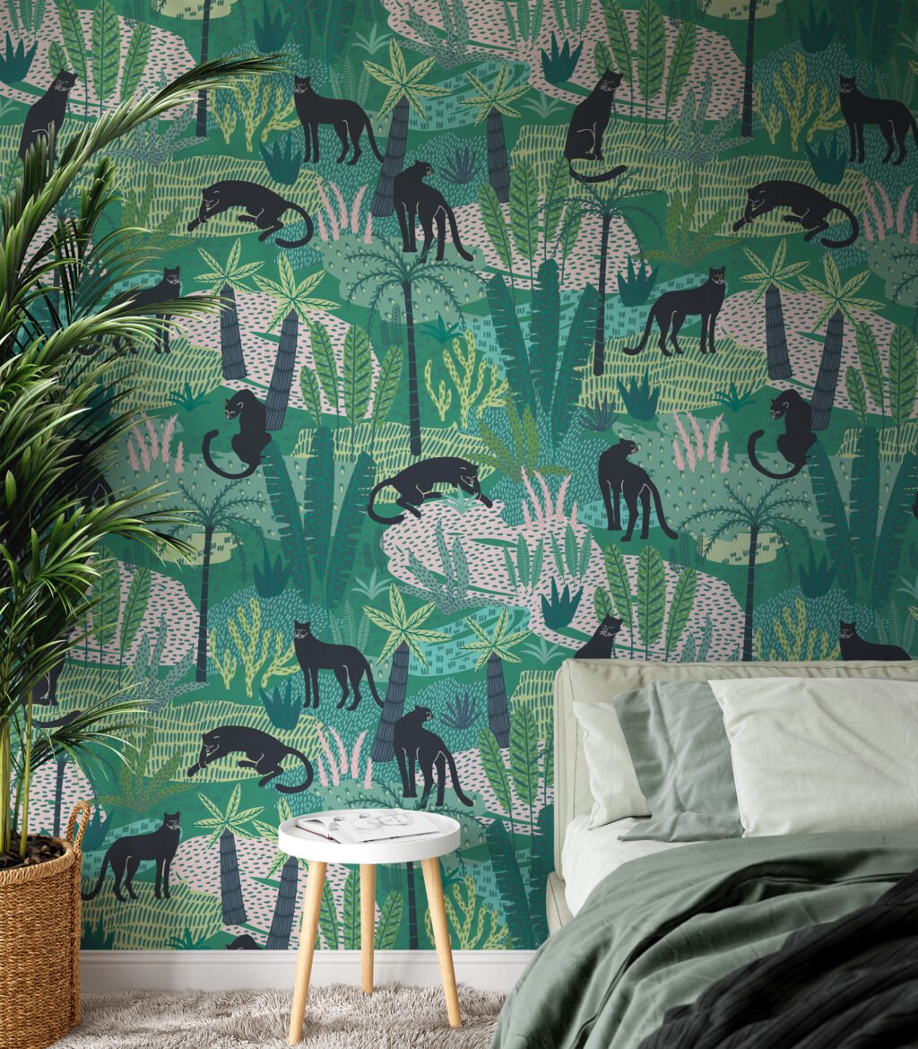 Flat Art Tropical Jungle With Panthers Illustration Wallpaper, Jungle Safari Animal Peel & Stick Wall Mural
