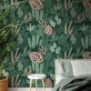 Green Abstract Jungle Flat Art Leaves Illustration Wallpaper, Dark Green & Pink Tropical Leaves Peel & Stick Wall Mural
