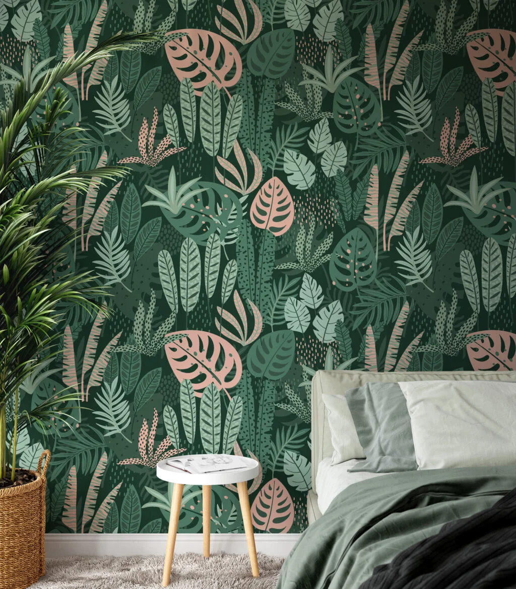 Green Abstract Jungle Flat Art Leaves Illustration Wallpaper, Dark Green & Pink Tropical Leaves Peel & Stick Wall Mural