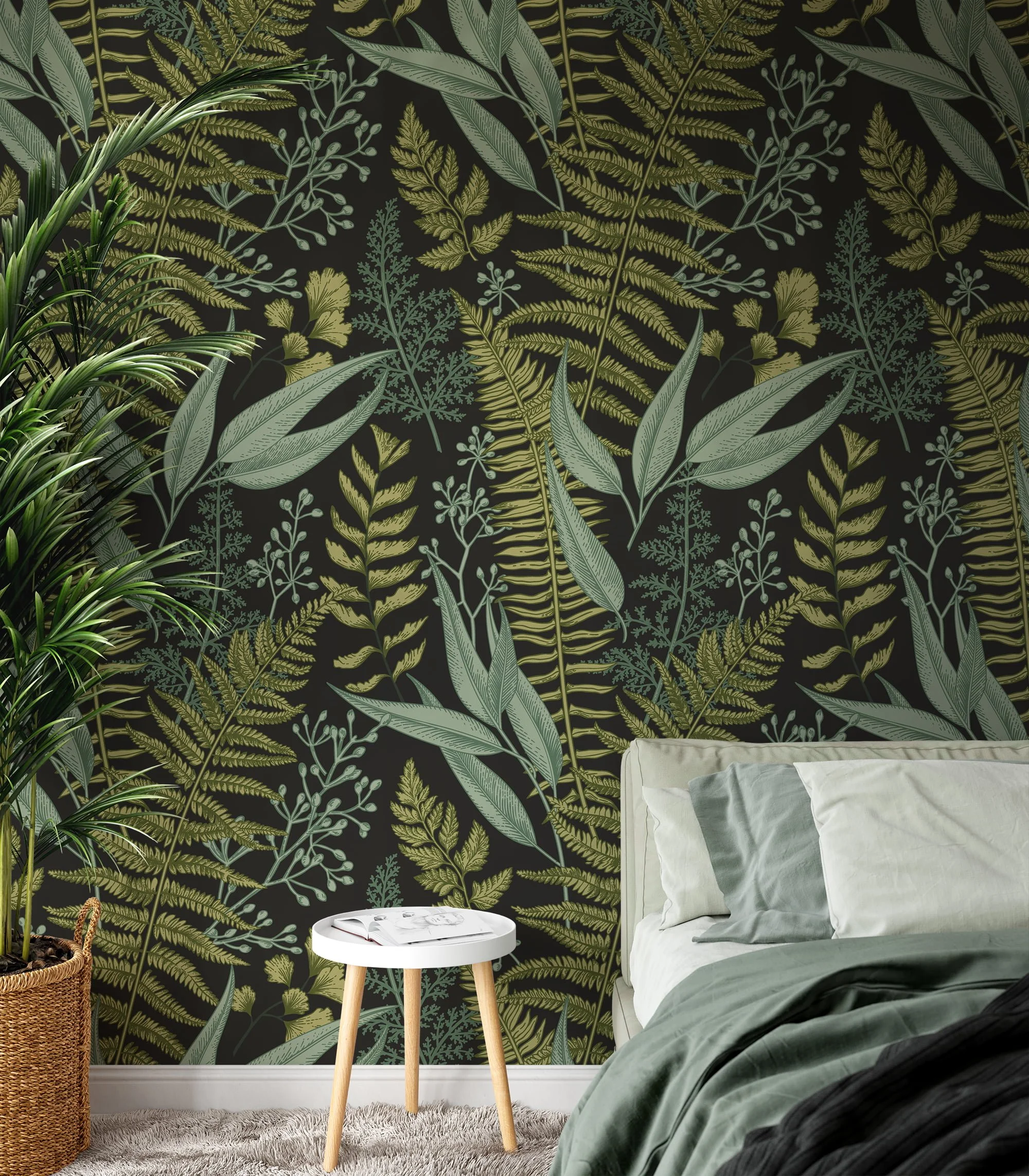 Vintage Style Plants And Leaves With A Dark Background Wallpaper, Nature Inspired Design Peel & Stick Wall Mural