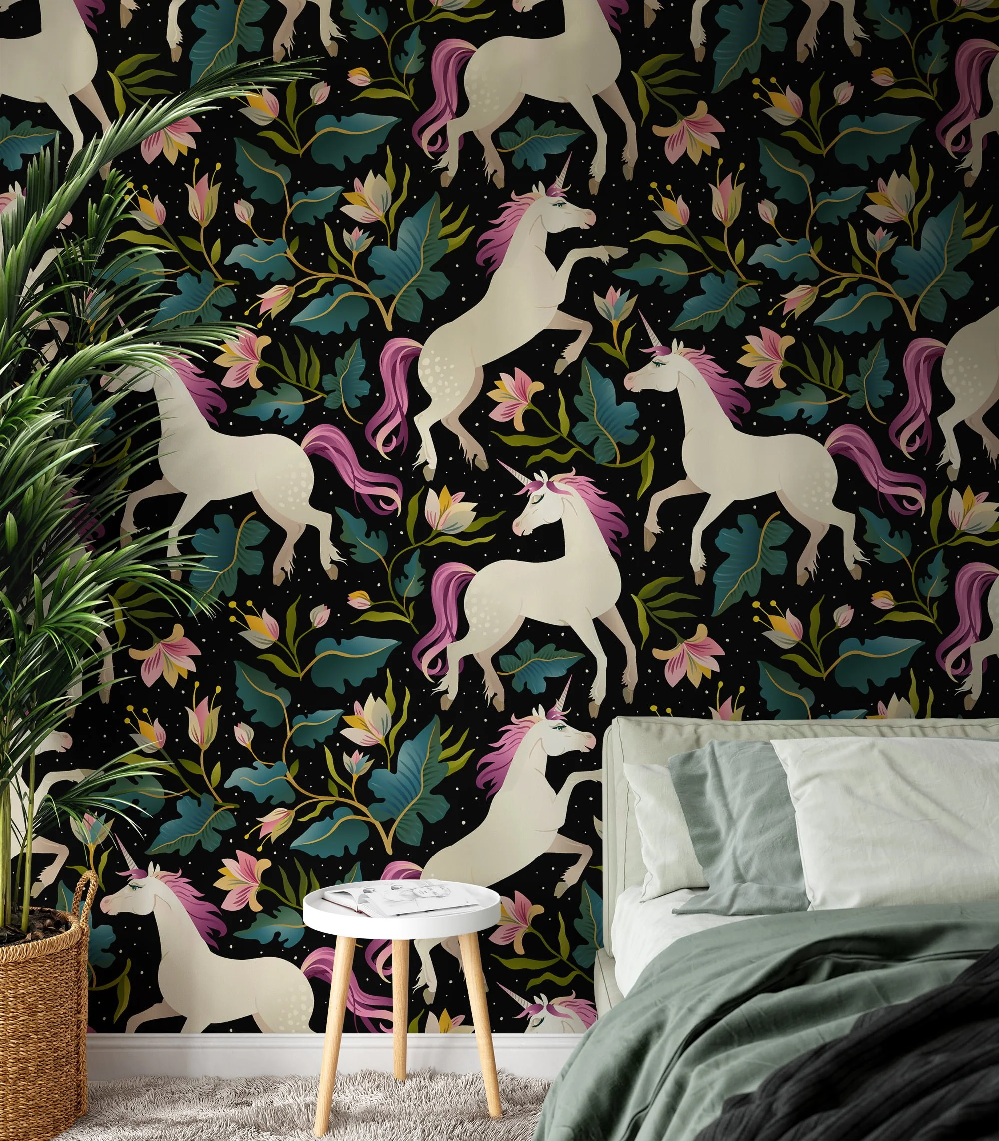 Cartoon Unicorn Illustration With A Dark Background Wallpaper, Enchanted Floral Peel & Stick Wall Mural