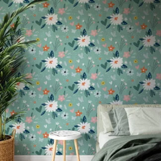 Floral Flat Art Heart Design Pattern Illustration Wallpaper, Delightful Spring Peel & Stick Wall Mural