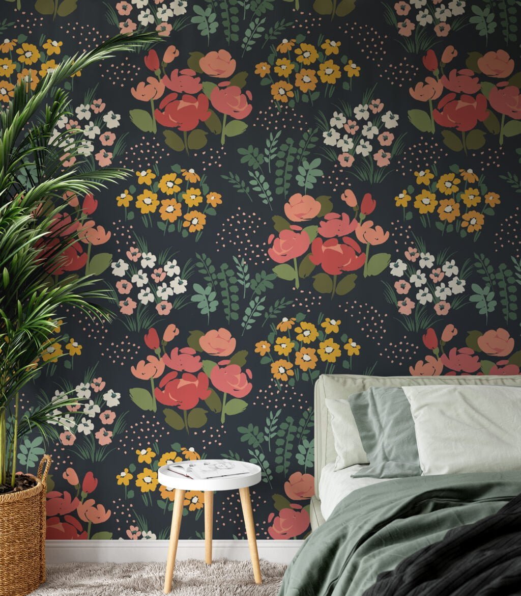 Midnight Flat Art Flowers And Bouquets Illustration Wallpaper, Vintage Bouquets On Black Peel & Stick Wall Mural