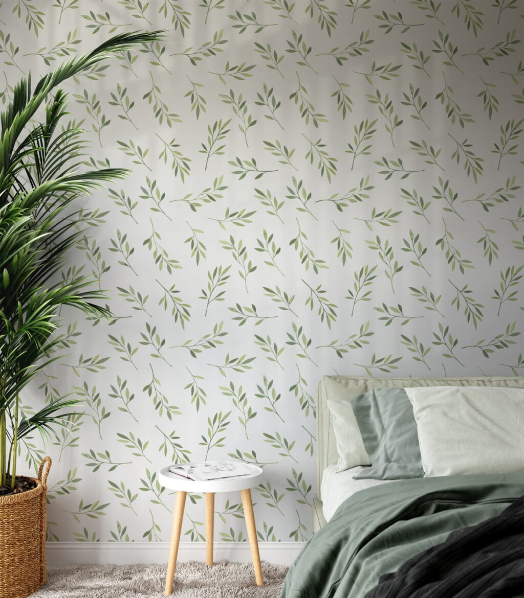 Watercolor Style Green Branches Leaves Wallpaper, Gentle Green Sprigs Peel & Stick Wall Mural