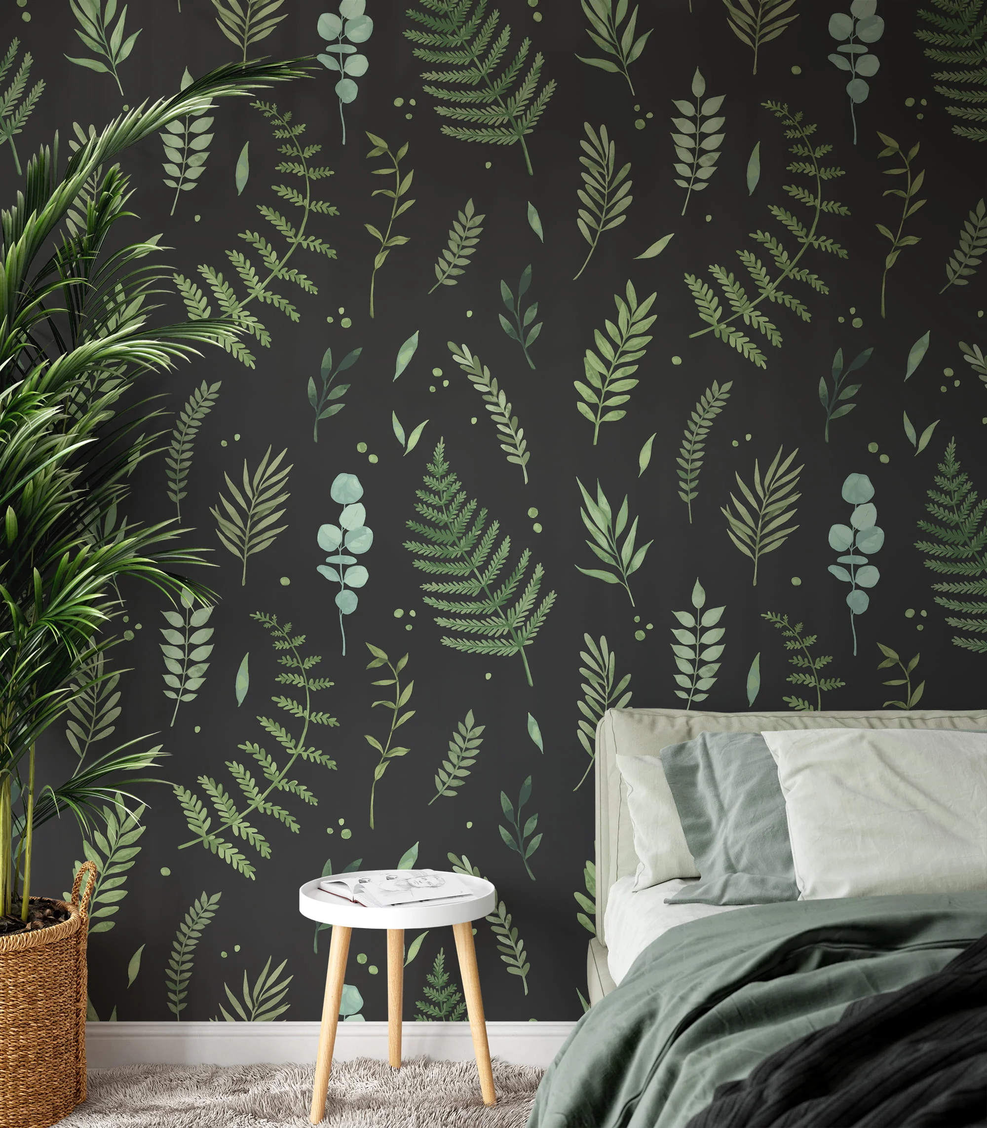 Green Leaves And Branches With A Dark Background Wallpaper, Nighttime Botanicals Peel & Stick Wall Mural