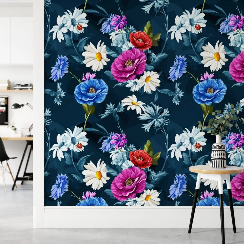 Blooming Flowers Illustration Wallpaper, Midnight Garden Bloom Peel & Stick Wall Mural