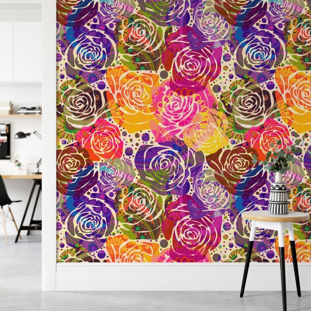 Abstract Colorful Roses Illustration Wallpaper, Vibrant Rose Collage Peel & Stick Wall Mural