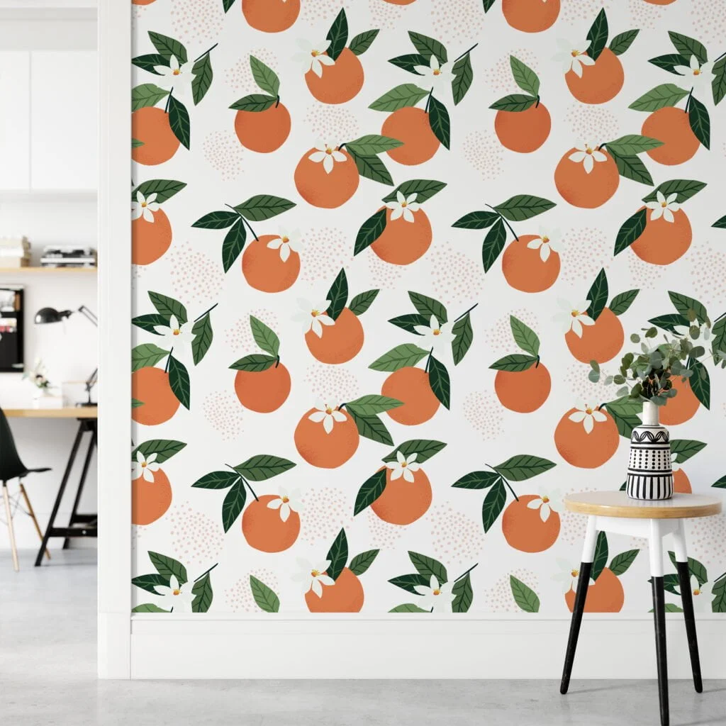 Flat Art Oranges Illustration Wallpaper, Bright Orange and Lush Green Peel & Stick Wall Mural