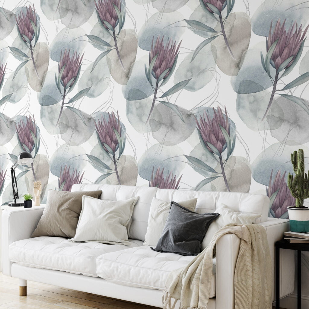 Muted Watercolor Style Flower Illustration Wallpaper, Elegant Botanical Peel & Stick Wall Mural