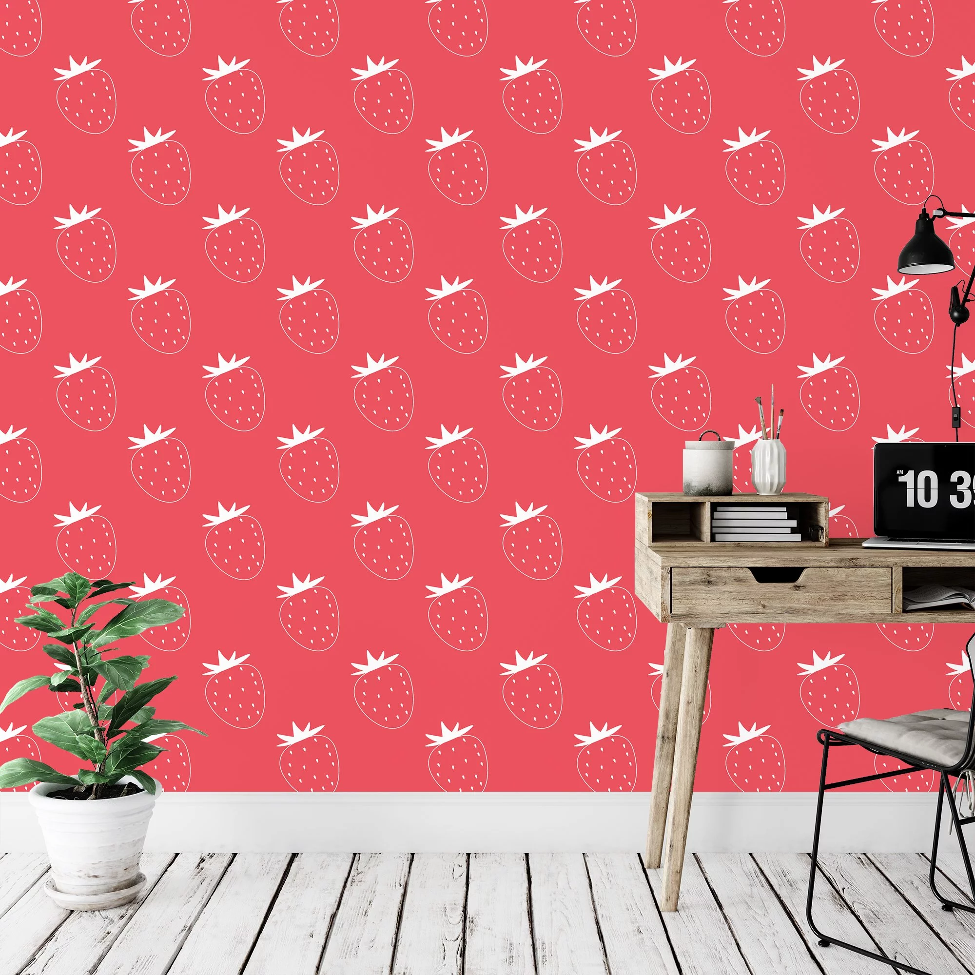 Simple Strawberries Pattern Illustration Wallpaper, Delightful Hot Pink Fruit Peel & Stick Wall Mural