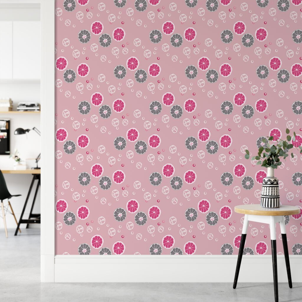 Pink And Grey Citrus Slices With Ice Illustration Wallpaper, Playful Pink Lemonade Peel & Stick Wall Mural