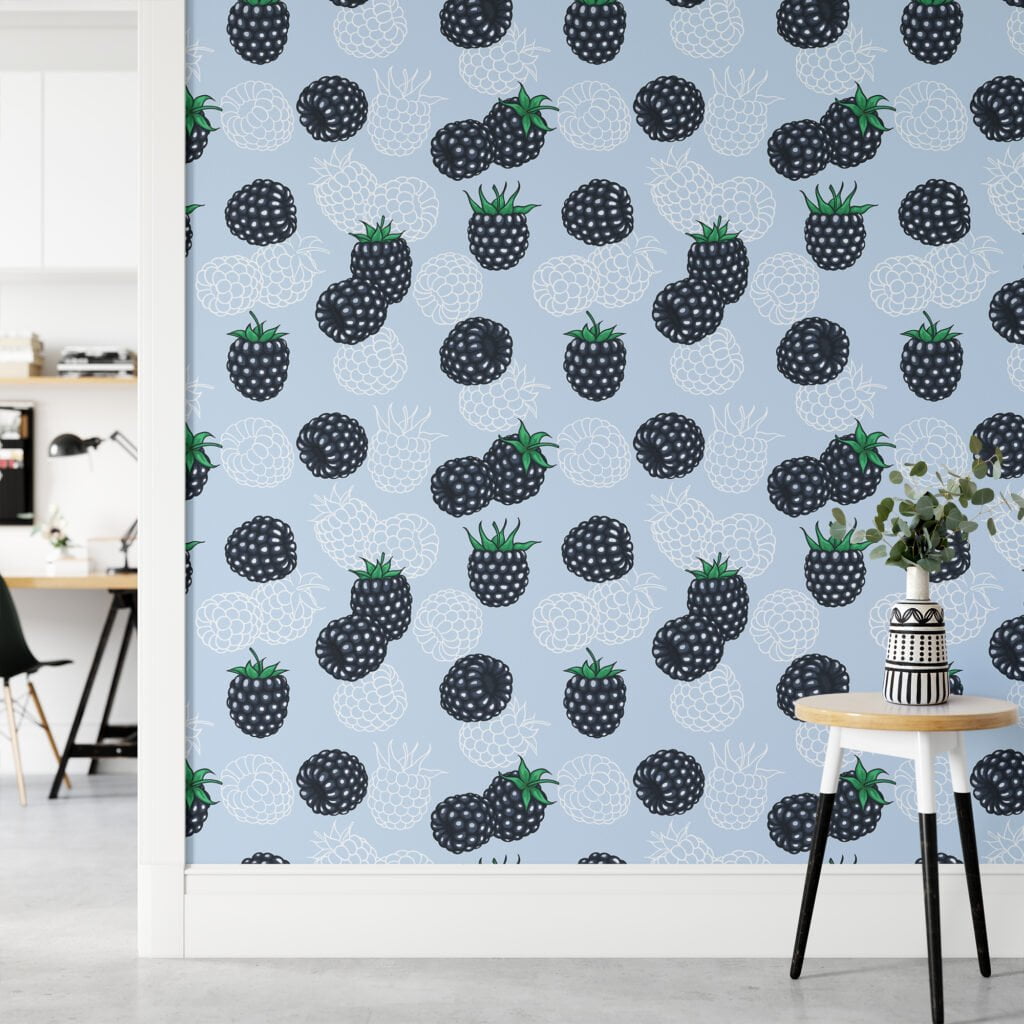 Black Berries Pattern Illustration Wallpaper, Whimsical Berries on Soft Blue Peel & Stick Wall Mural