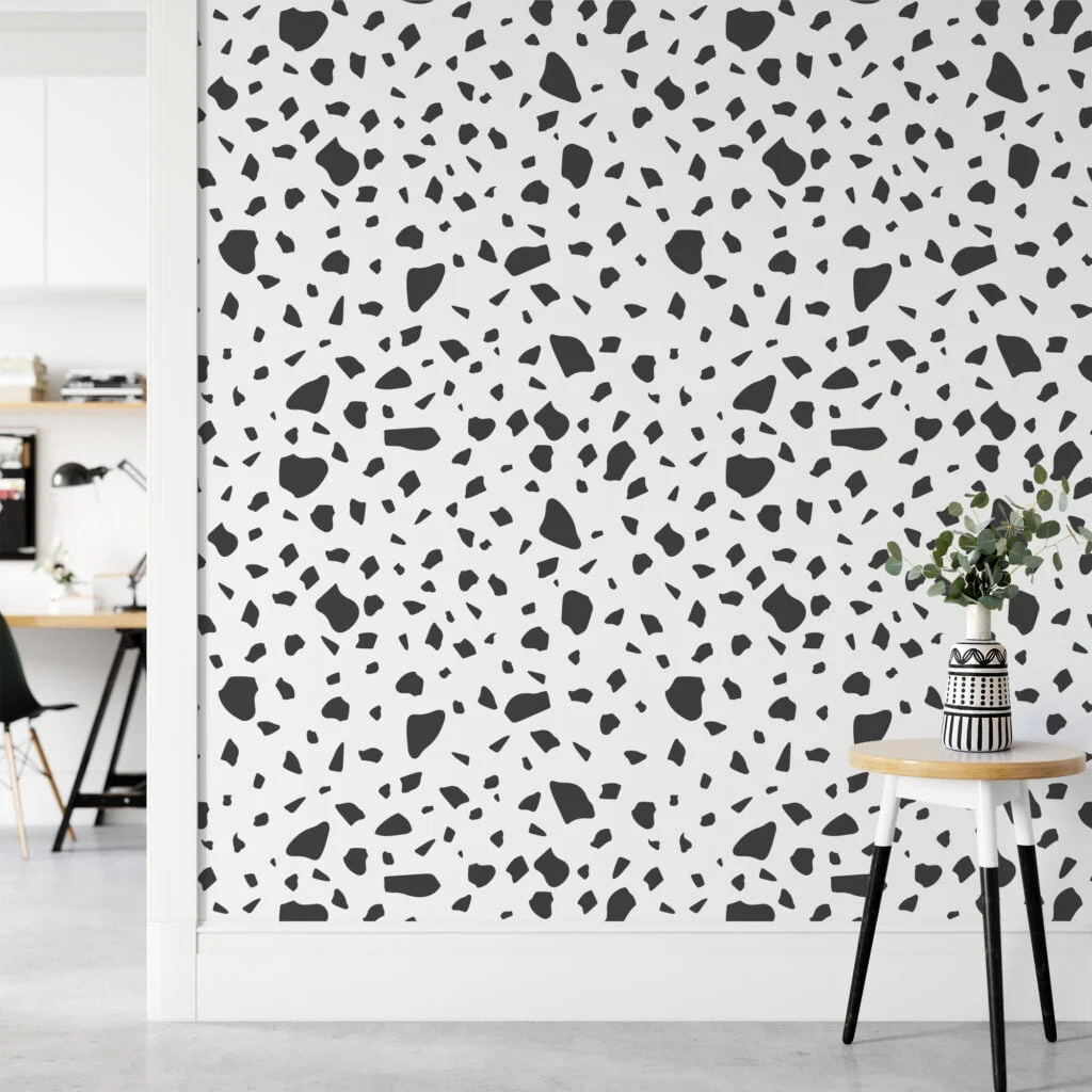 Dark Grey Block Pattern Illustration, Minimalist Terrazzo Black & White Peel & Stick Wall Mural