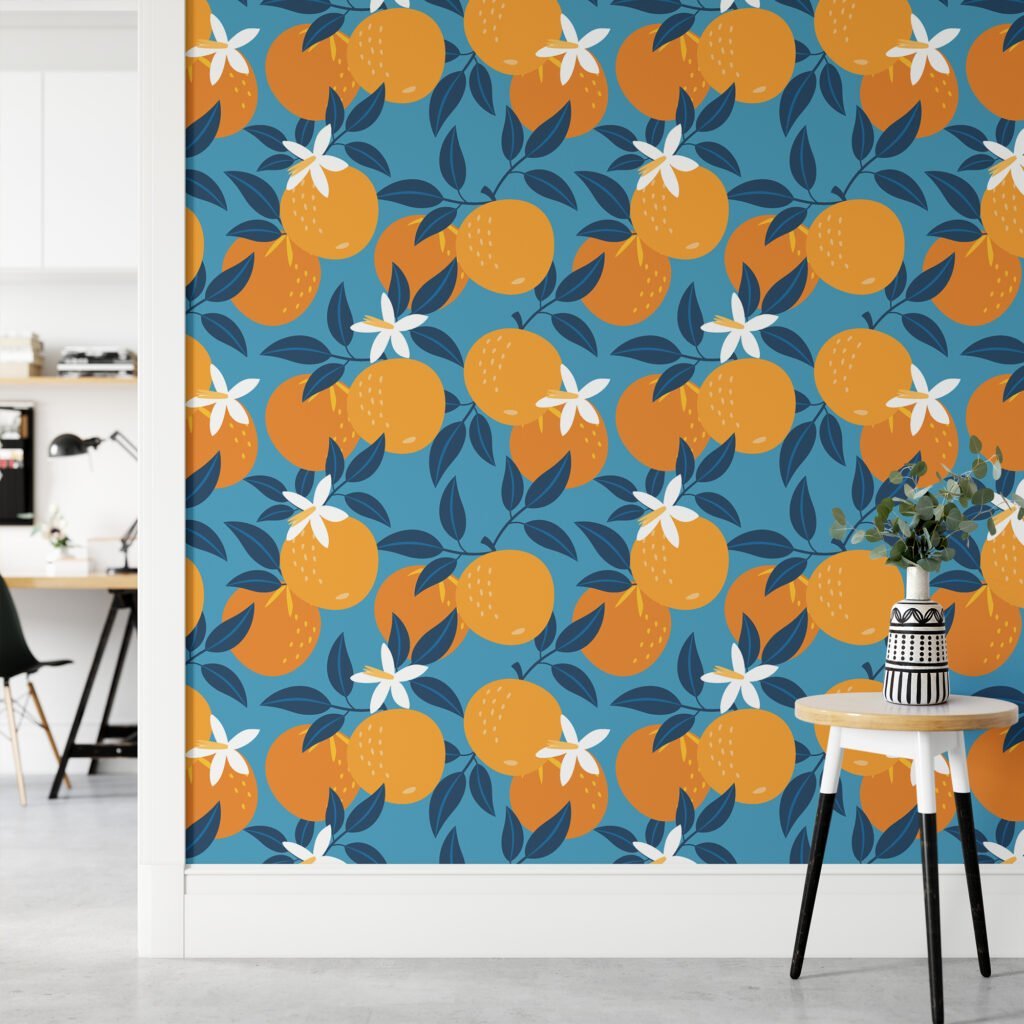 Retro Flat Art Oranges Abstract Design Wallpaper, Refreshing Citrus on Blue Peel & Stick Wall Mural