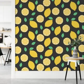 Flat Art Lemon Pattern With Mint Background Wallpaper, Lively Lemon Orchard Peel & Stick Wall Mural