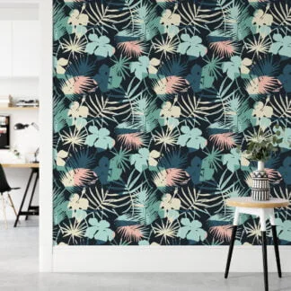 Abstract Retro Colored Tropical Illustration Wallpaper, Navy Night Botanical Peel & Stick Wall Mural