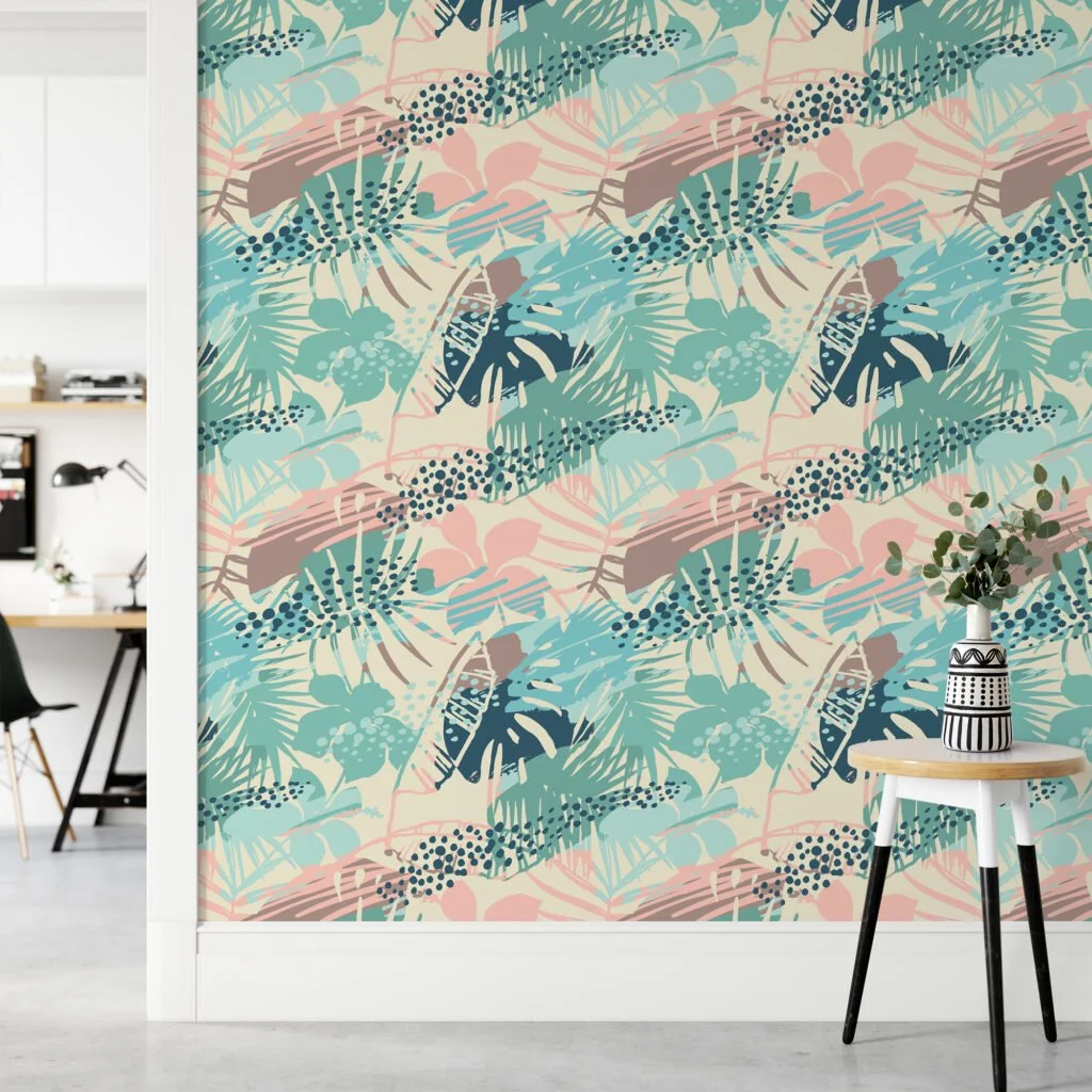 Summer Vibes Retro Colored Tropical Illustration Wallpaper, Soft Pastel Peel & Stick Wall Mural