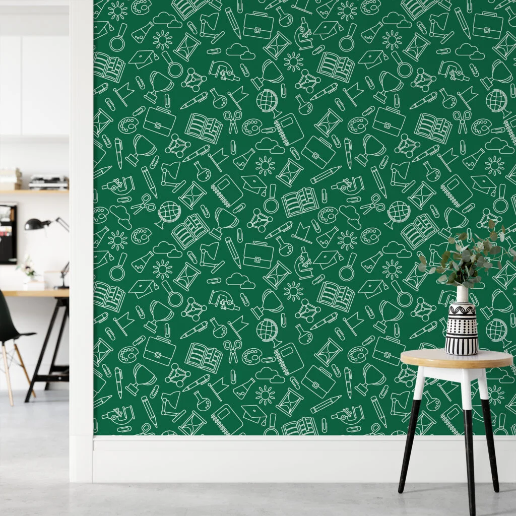 Green School Icons Kids Room Illustration Wallpaper, Green Chalkboard Doodles Peel & Stick Wall Mural