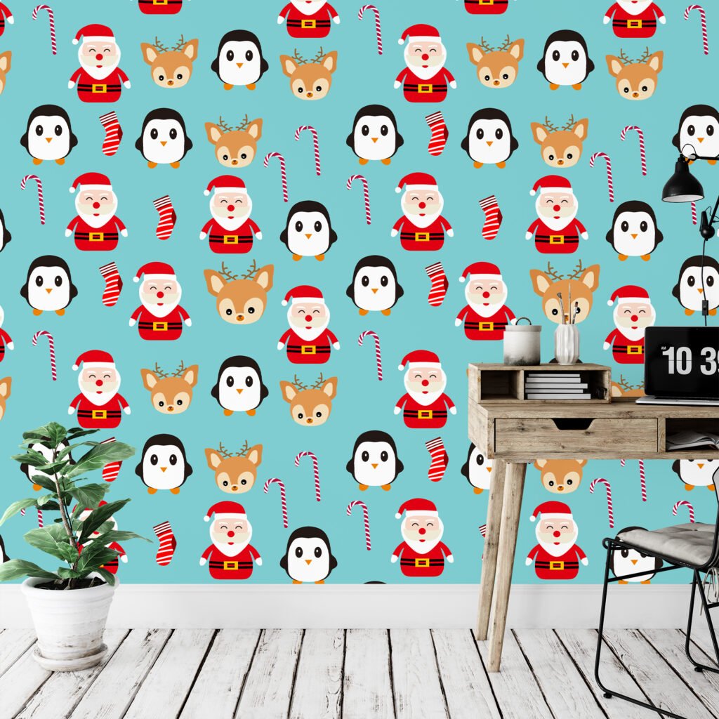 Christmas Themed Icons Illustration With Santa Claus Wallpaper, Cheerful Christmas Characters Peel & Stick Wall Mural